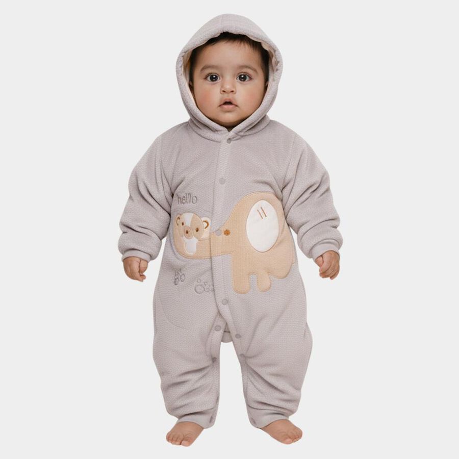 Infants' Light Grey Hooded Elephant Appliqué Baba Suit, हल्का ग्रे, large image number null