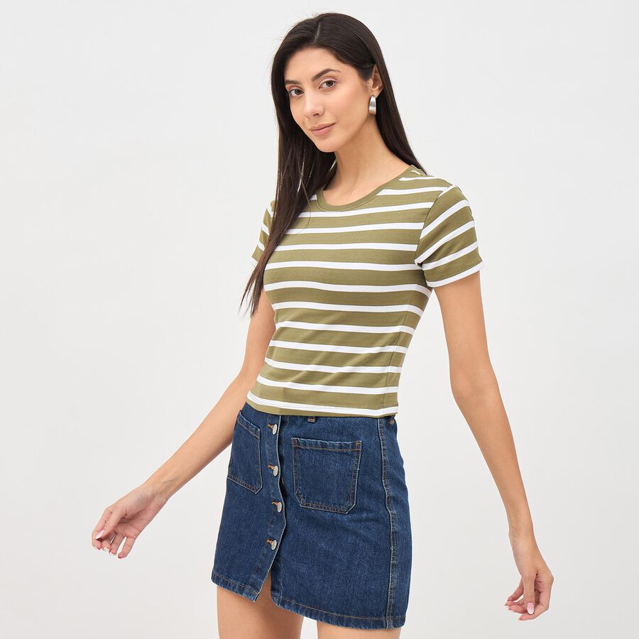 Women's Olive Green Round Neck Crop Top, Olive, large image number null