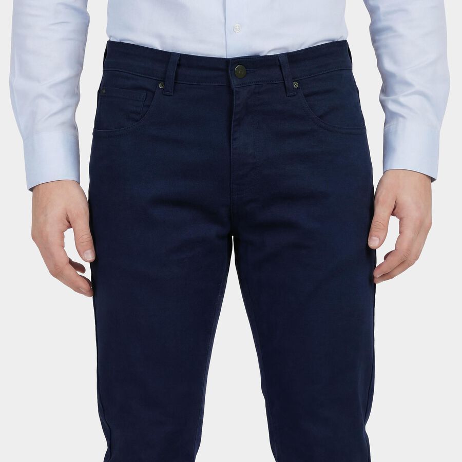 Men's Blue Slim Fit Flat-Front Casual Trousers, Mid Blue, large