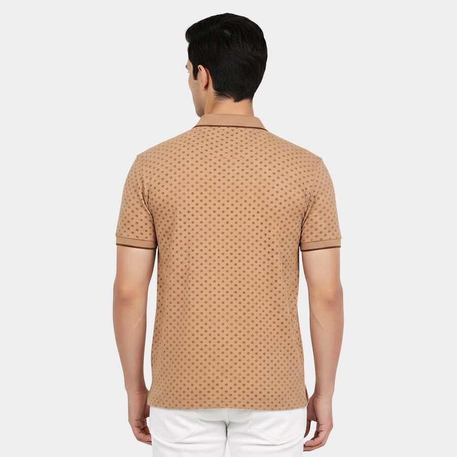 Men Brown Cotton Polo Neck Printed T-Shirt, भूरा, large