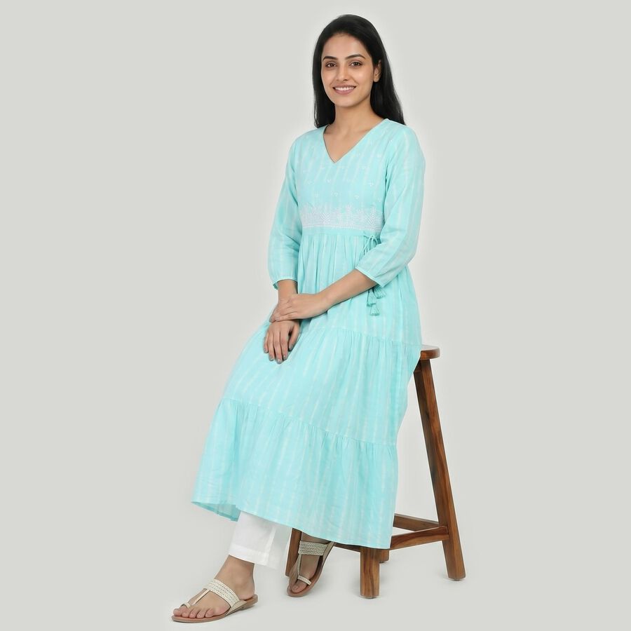 Women's Light Blue Cotton V-Neck Embroidered Kurta, Light Blue, large