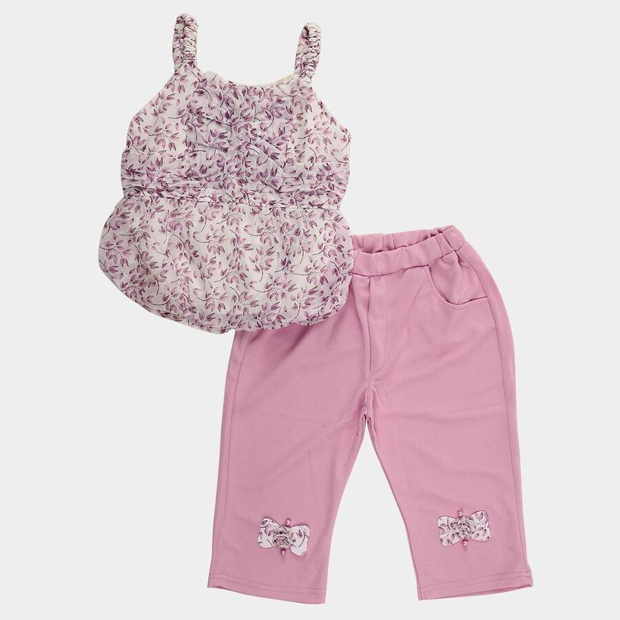 Girls Light Pink Sleeveless Floral Top and Capri Set, लाइलेक, large