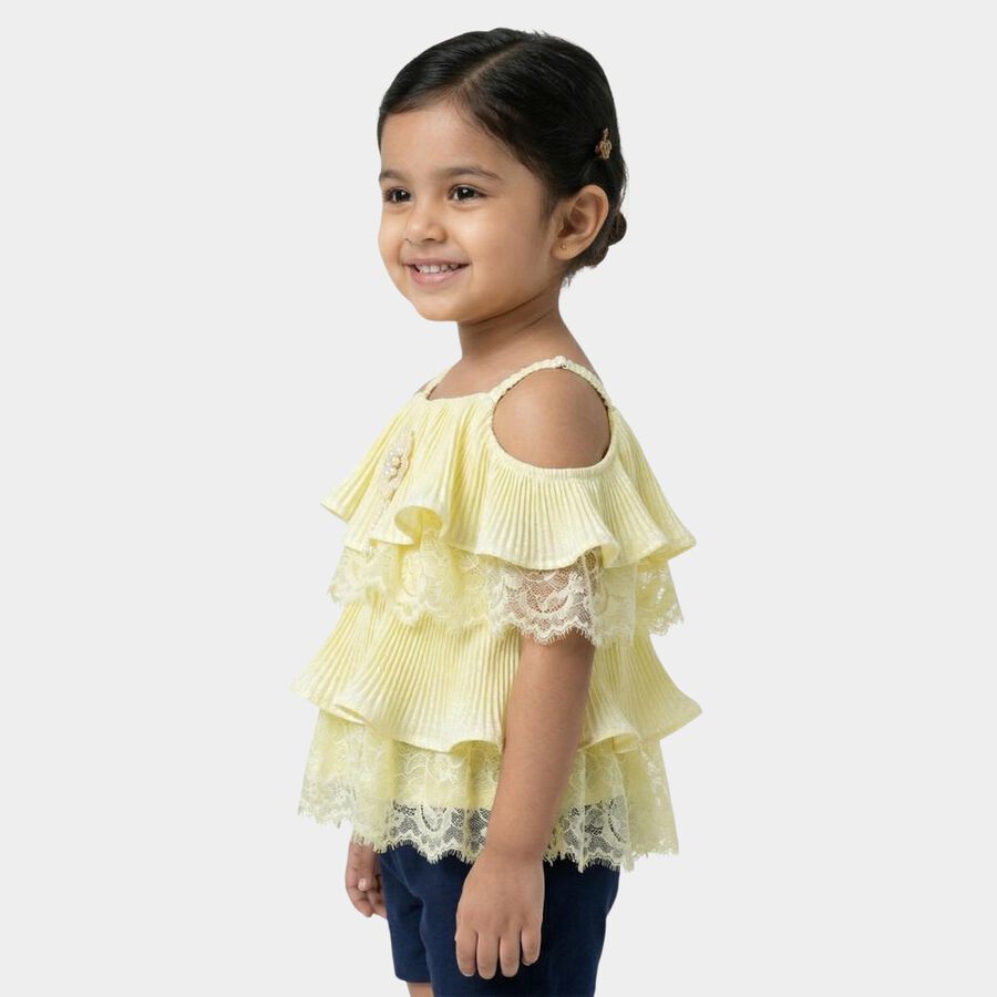 Girls Yellow Round Neck Casual T-Shirt, Yellow, large