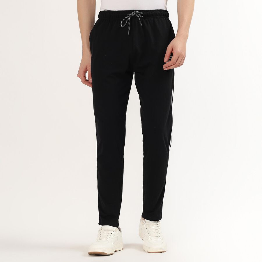 Men's Jet Black Regular Fit Side-Striped Track Pants, काला, large