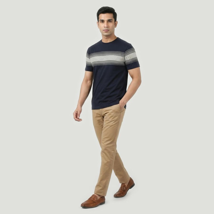 Men's Navy Blue Cotton Round Neck Striped Regular T-Shirt, नेवी ब्लू, large