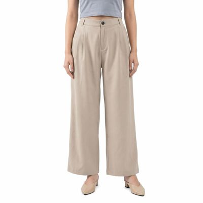 Women's Light Grey Wide Leg Pleated Trousers