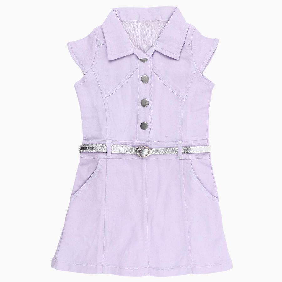 Girls' Lavender Collared A-Line Belted Frock, Purple, large image number null