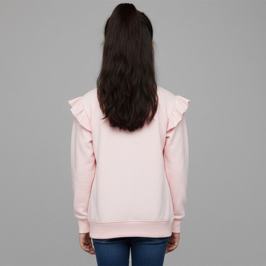 Girls Light Pink Crew Neck Ruffle Sleeve Graphic Sweatshirt, हल्का गुलाबी, large image number null