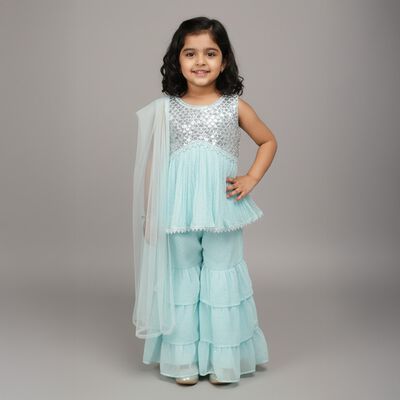 Girls Bright Aqua Blue Sleeveless Sequin Top and Tiered Pants Fusion Set