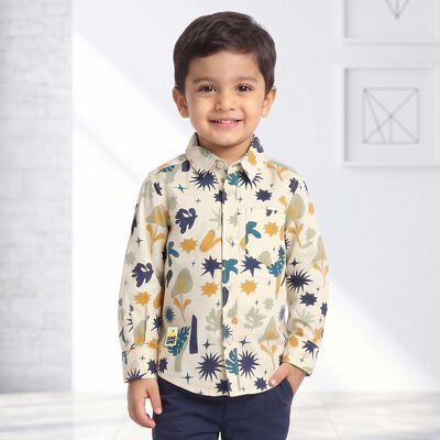 Boys Cream Cotton Long Sleeve Collar Shirt