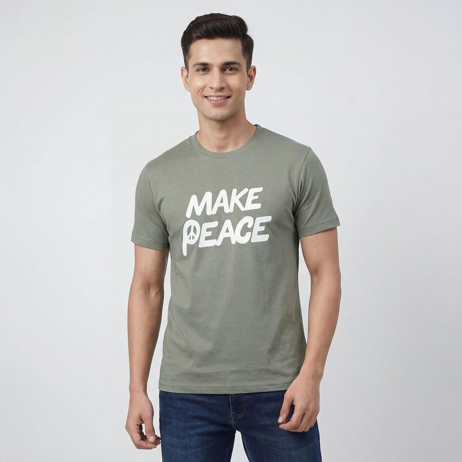 Men's Mint Green Round Neck Casual T-Shirt, Light Green, large