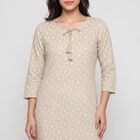Women's Beige Round Neck Printed Kurta, Beige, small