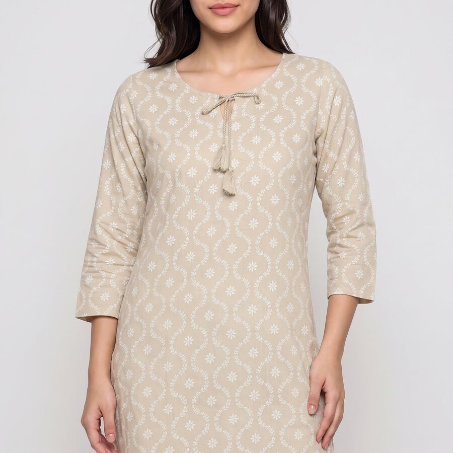 Women's Beige Round Neck Printed Kurta, Beige, large