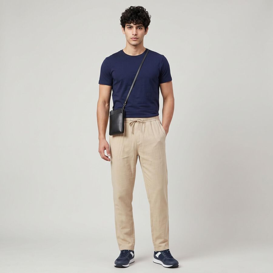 Men's Beige Slim Fit Drawstring Chino Trousers, Beige, large