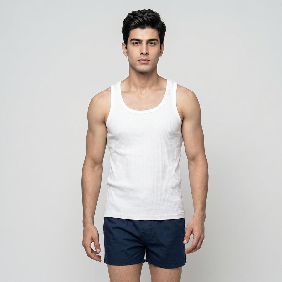 Men's White Cotton Round Neck Sleeveless Vest, White, large