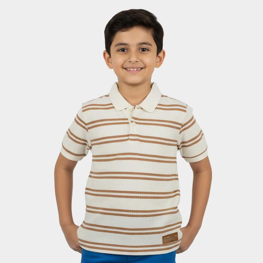 Boys Beige Round Neck Casual T-Shirt, गहरा पीला, large