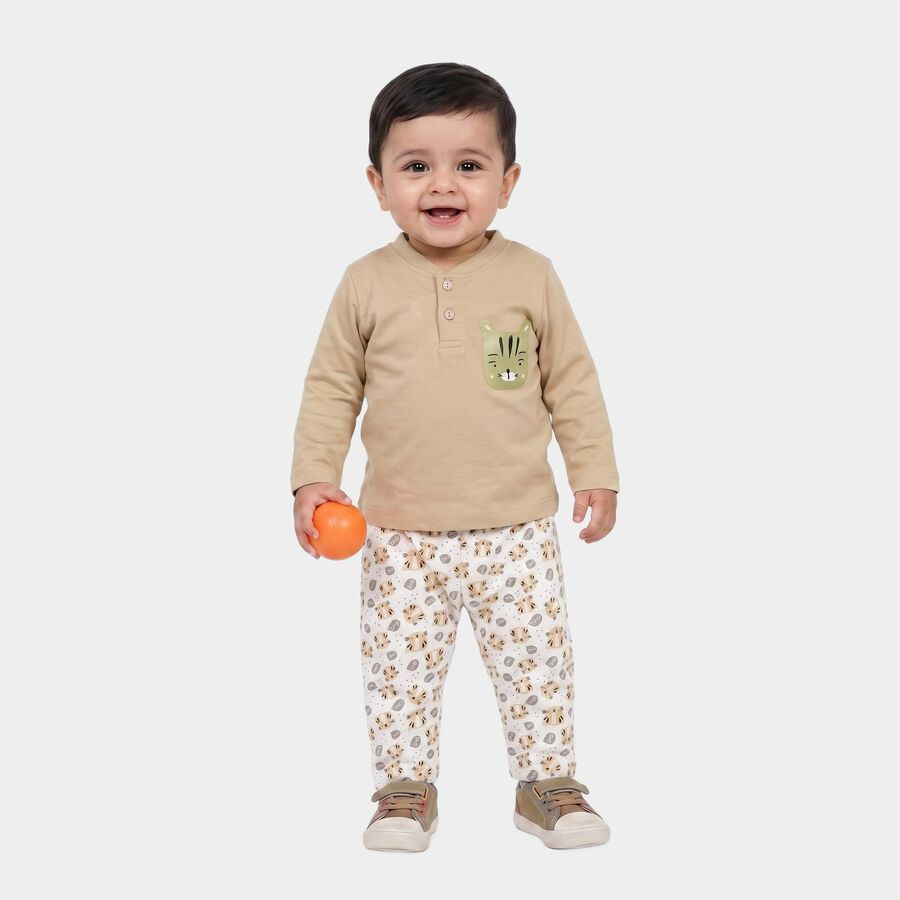 Infants' Beige 100% Cotton Henley Neck Graphic Print Baba Suit, गहरा पीला, large