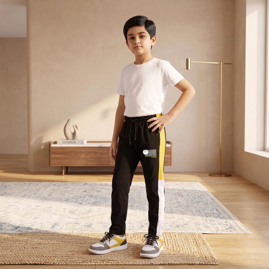 Boys' Black Straight Fit Colorblocked Cotton Blend Pyjama, Black, large