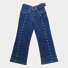 Girls Blue Flared Fit Studded Jeans, मध्यम नीला, small