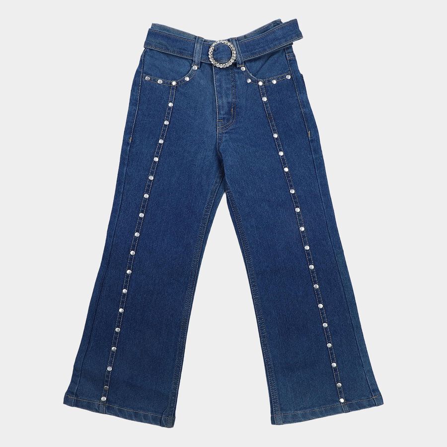 Girls Blue Flared Fit Studded Jeans, मध्यम नीला, large