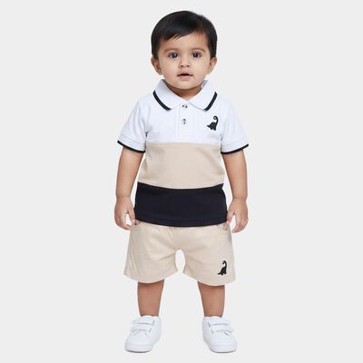 Infants' Beige 100% Cotton Polo Neck Colorblocked Baba Suit