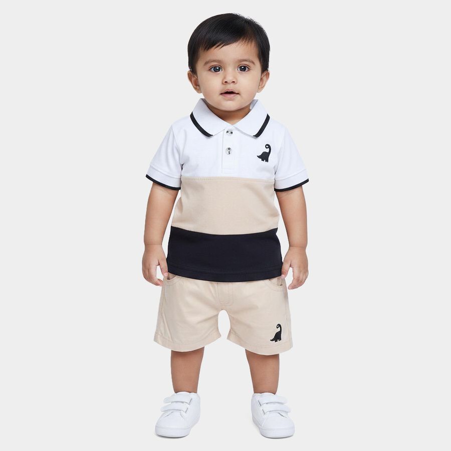 Infants' Beige 100% Cotton Polo Neck Colorblocked Baba Suit, Beige, large