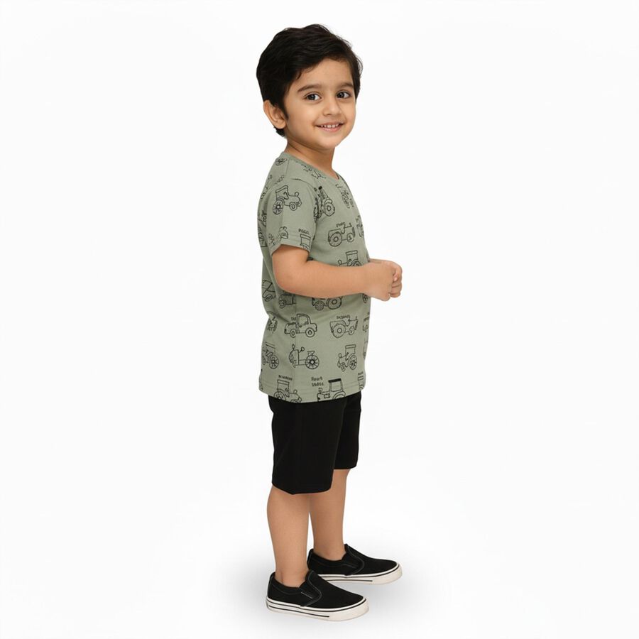 Boys' Olive Cotton Round Neck Vehicle Print Baba Suit, Olive, large image number null