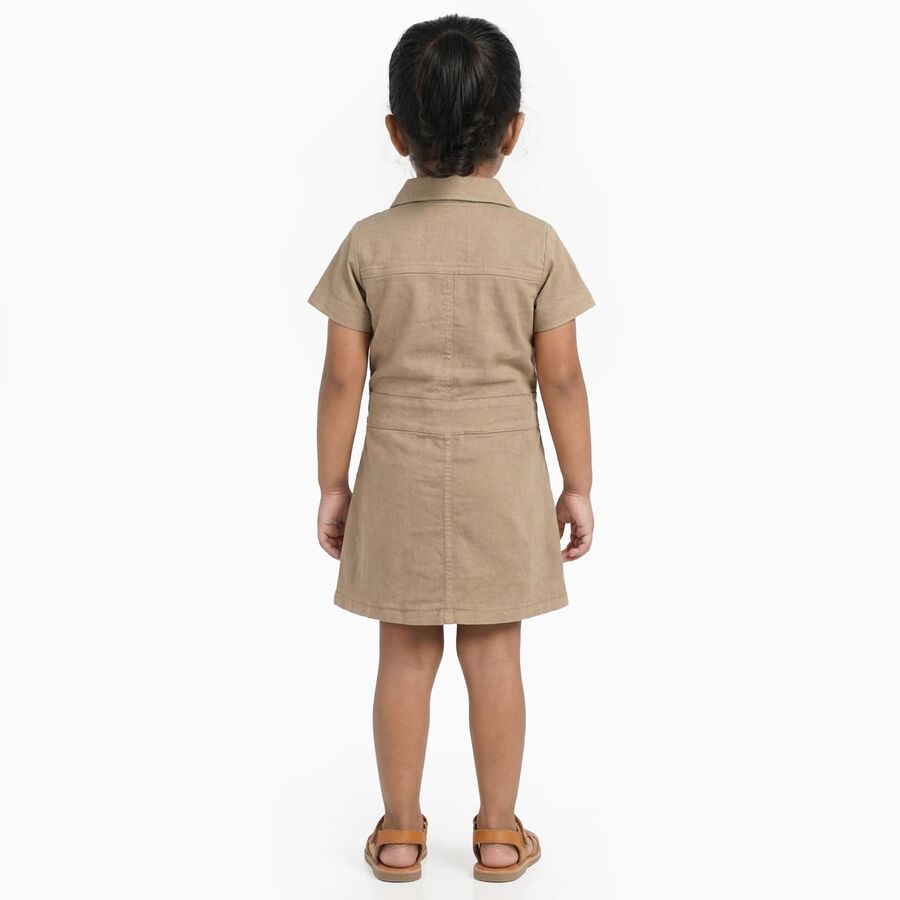 Girls' Beige Shirt-Style Cotton Blend Casual Frock, Beige, large image number null