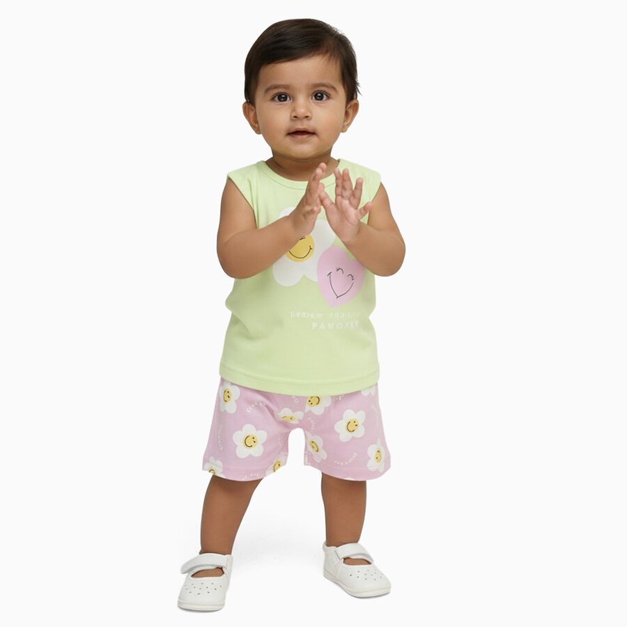 Infant Light Pastel Green Cotton Sleeveless Casual Shorts Set, Light Green, large