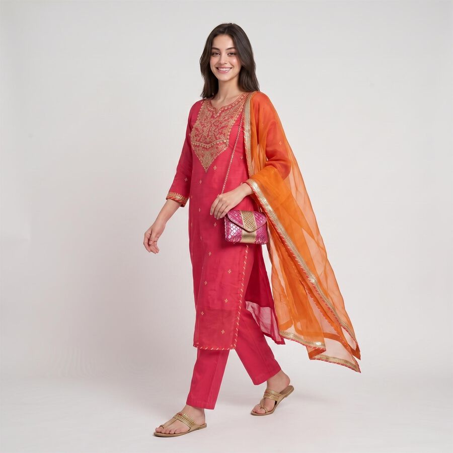 Women's Fuchsia Notch Neck Embroidered Kurta, रानी (फ्यूशिया), large