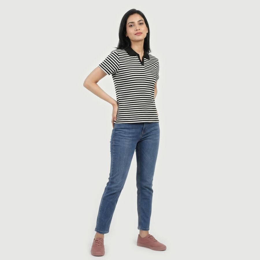 Women's Black Polo Neck Striped Polo T-Shirt, Black, large