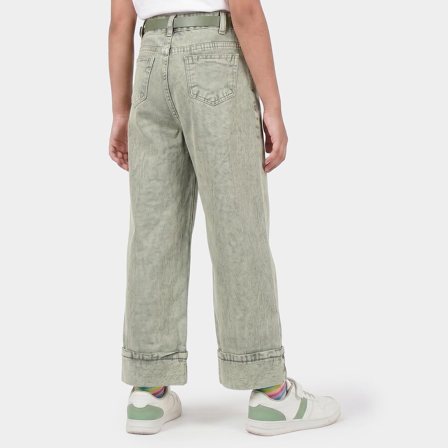 Girls' Green Wide Leg Washed Jeans, हल्का हरा, large