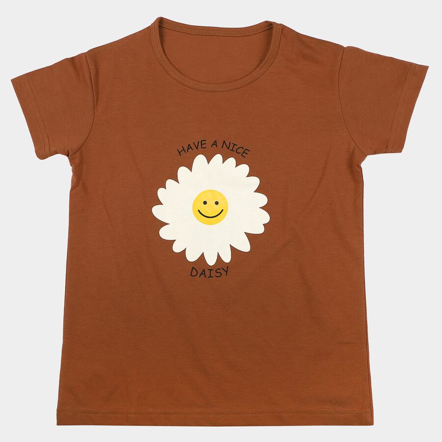 Girls Brown Cotton Blend T-Shirt, भूरा, large