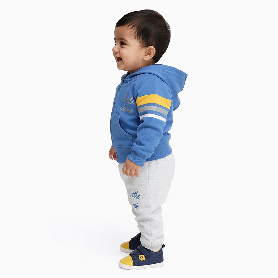 Infants' Blue Hoodie Cuff Sleeve Printed Baba Suit, Mid Blue, large image number null