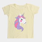 Girls' Yellow Cotton Round Neck Unicorn Printed T-Shirt, पीला, small