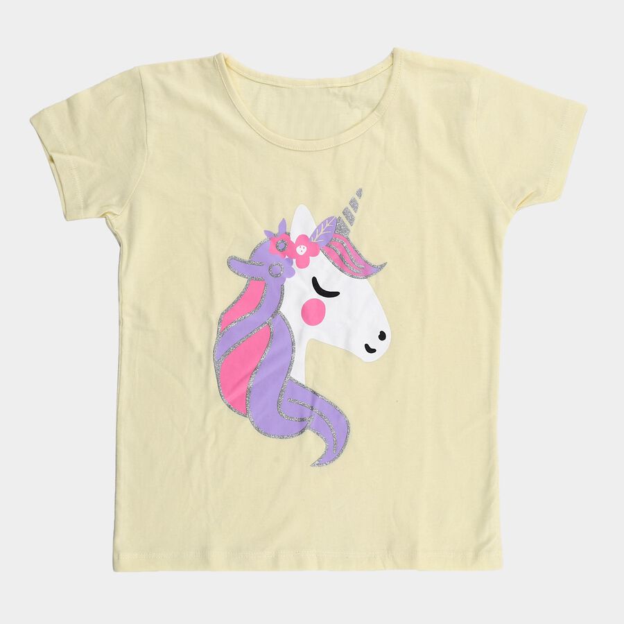 Girls' Yellow Cotton Round Neck Unicorn Printed T-Shirt, पीला, large