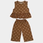 Girls' Brown Round Neck Peplum Top and Capri Set, भूरा, small