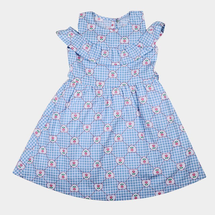 Girls' Light Blue Cotton Blend Sleeveless A-Line Frock, हल्का नीला, large
