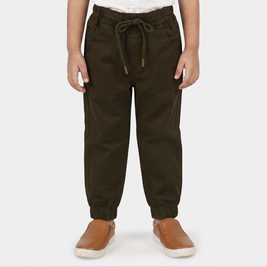 Boys' Olive Green Regular Fit Drawstring Jogger Trousers, ओलिव, large