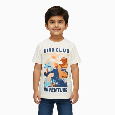 Boys' Off-White Cotton Round Neck Casual T-Shirt