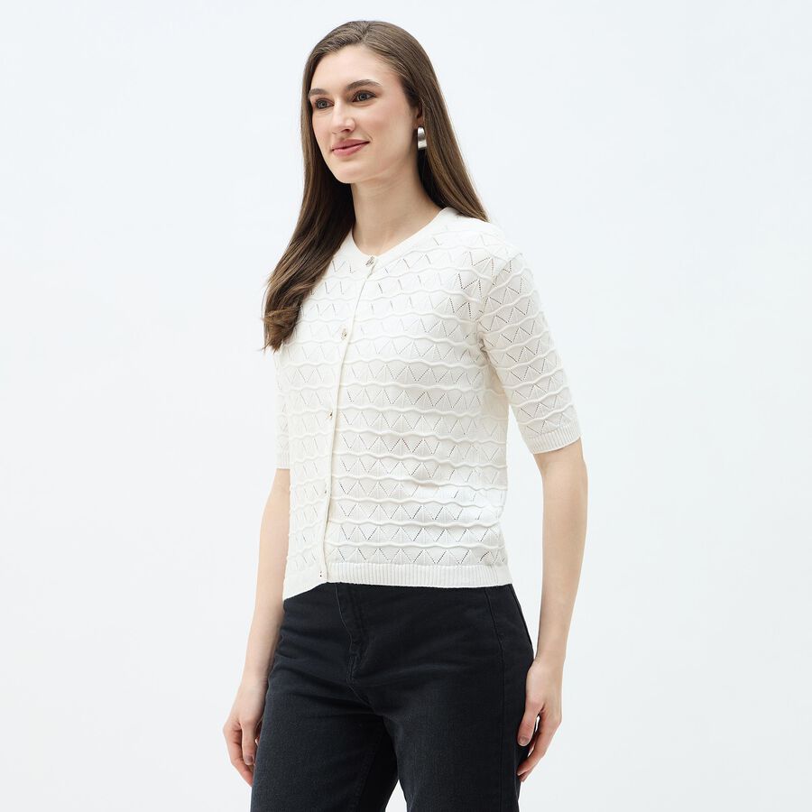 Women's Off-White Cotton Round Neck Casual Top, ऑफ व्हाइट, large