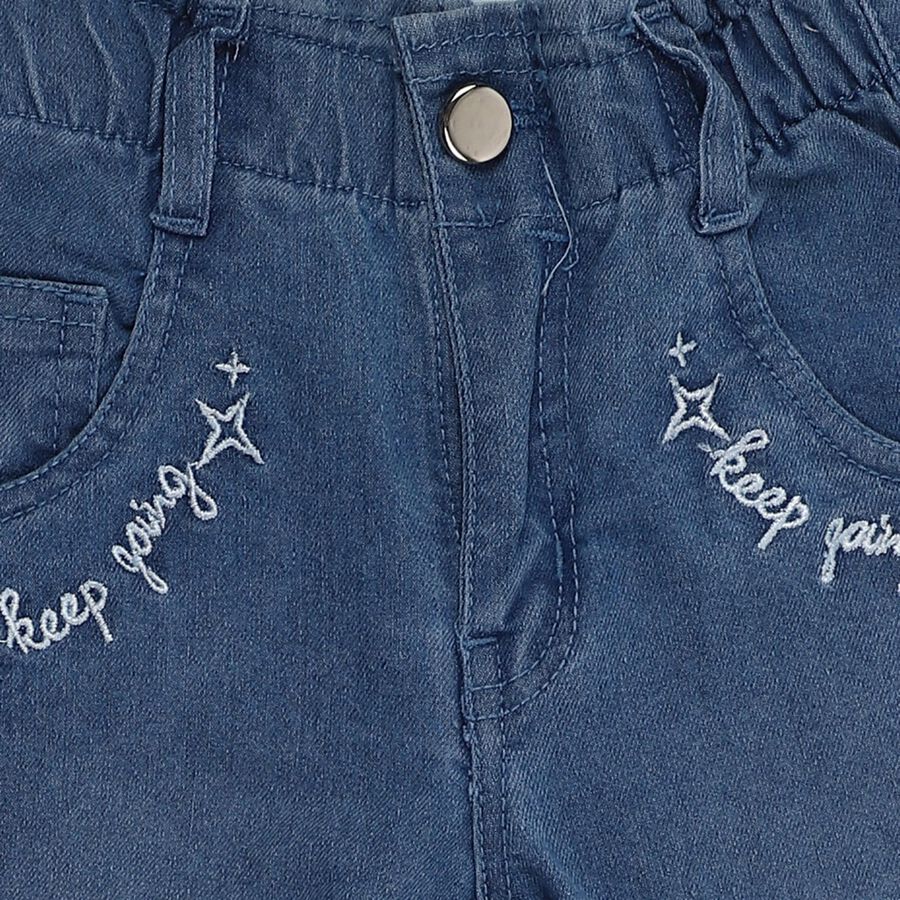 Girls Muted Denim Blue Regular Fit Embroidered Jeans, मध्यम नीला, large