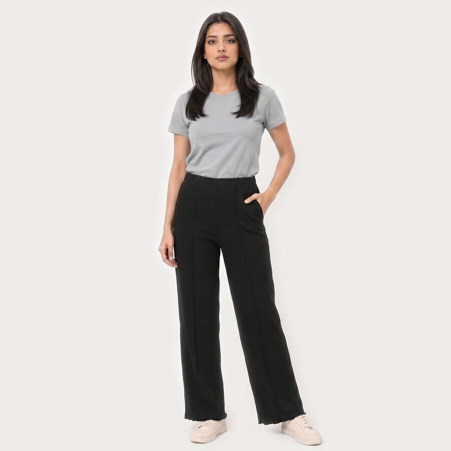 Women Black Straight Fit Seam Detail Track Pants, काला, large