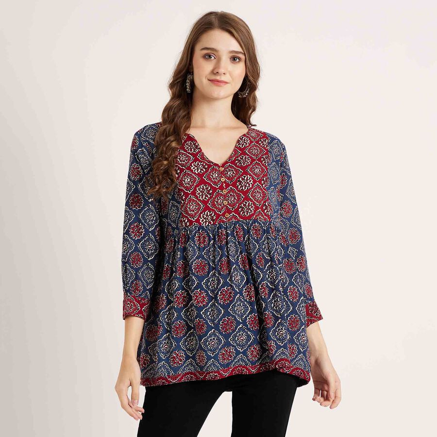 Printed 3/4th Sleeve Kurti, Dark Blue, large image number null