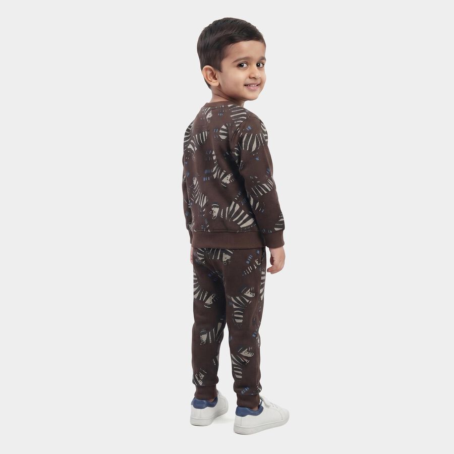 Boys Brown Crew Neck Graphic Print Baba Suit, Brown, large