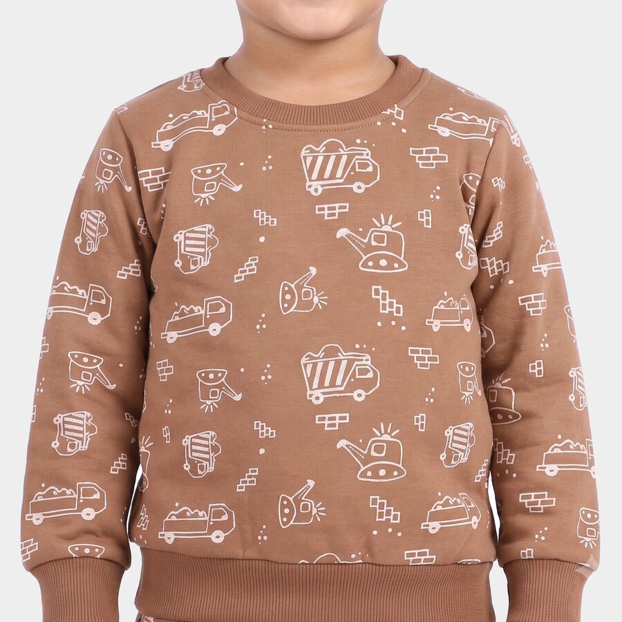 Boys Brown Crew Neck Printed Baba Suit, भूरा, large