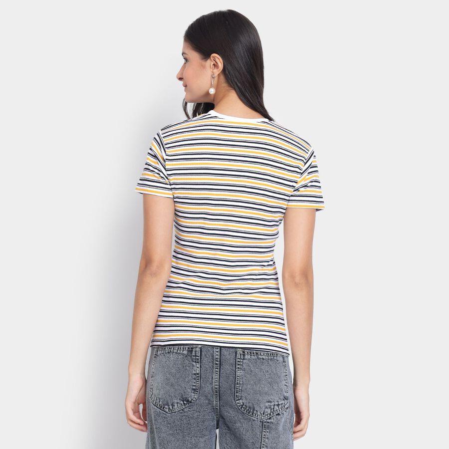 Ladies'  Stripes Round Neck T-Shirt, मस्टर्ड, large image number null
