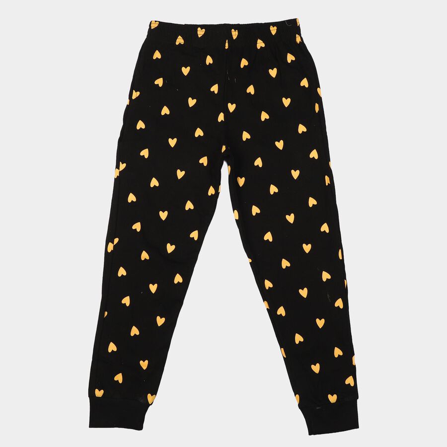 Girls' Black Jogger Fit Heart Printed Cotton Pyjama, काला, large