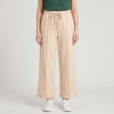 Women's Beige Wide Leg Pintuck Track Pants