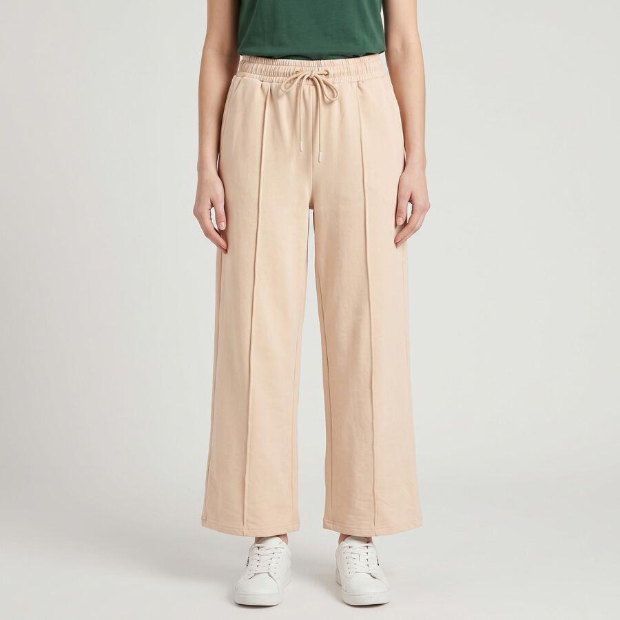 Women's Beige Wide Leg Pintuck Track Pants, गहरा पीला, large